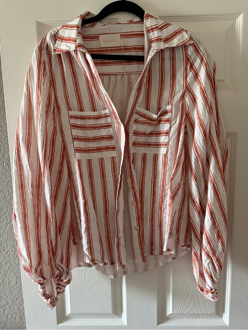 SANCTA White Button-Down Shirt with Rust Stripe